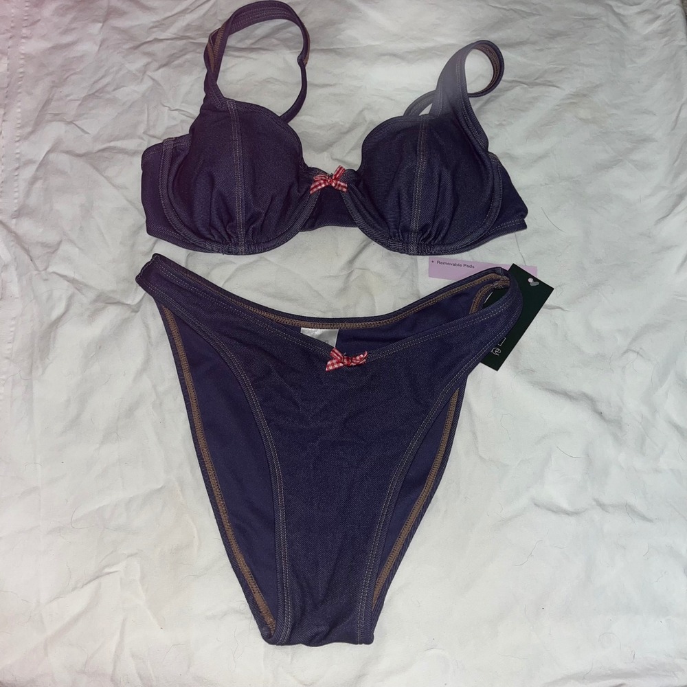 New Wild Fable Denim Color Bikini XS Bottom S Top Bow Blue NWT